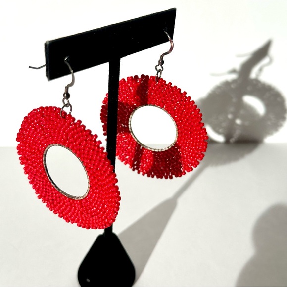 RED BEADED Statement Hoop Earrings - Picture 2 of 6